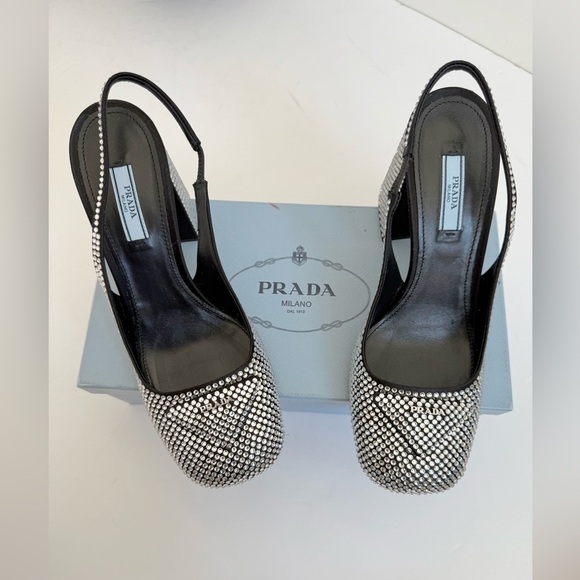 PradaBlack Satin Leather Jewel embellished Triangle logo slingback pumps EU 39 - Picture 13 of 14